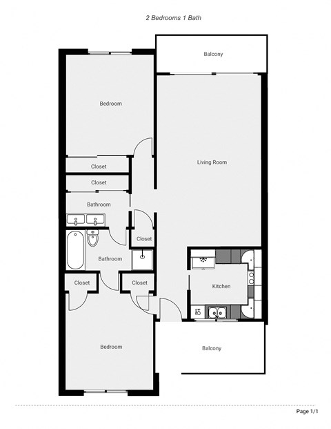 Floor plan for 2 beds, 1 bath, 1080 sqft
