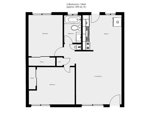 Floor plan for 2 beds, 1 bath, 619 sqft