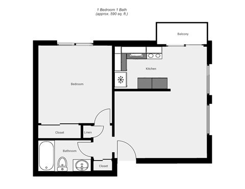 Floor plan for 1 bed, 1 bath, 636 sqft