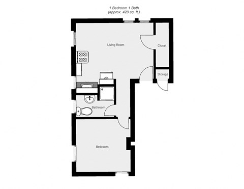 Floor plan for 1 bed, 1 bath, 485 sqft