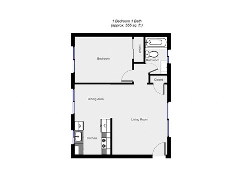 Floor plan for 1 bed, 1 bath, 600 sqft