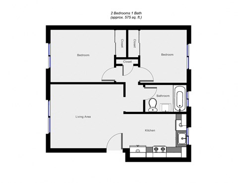 Floor plan for 2 beds, 1 bath, 688 sqft