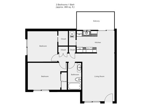 Floor plan for 2 beds, 1 bath, 900 sqft