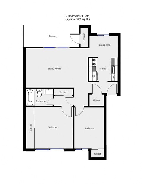 Floor plan for 2 beds, 1 bath, 920 sqft