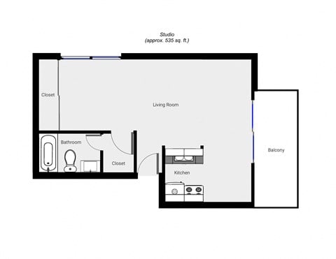 Floor plan for studio, 1 bath, 535 sqft
