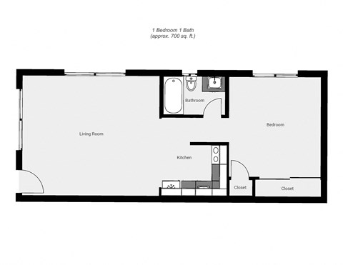 Floor plan for 1 bed, 1 bath, 700 sqft