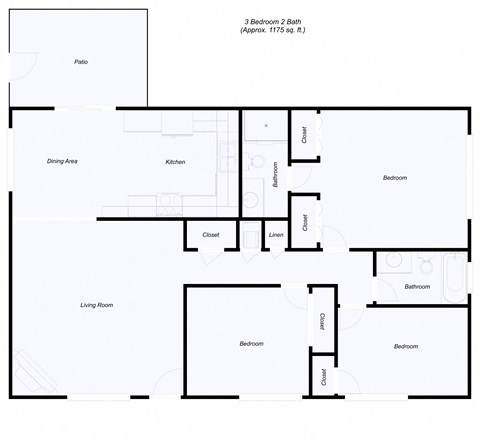 Floor plan for 3 beds, 2 baths, 1175 sqft