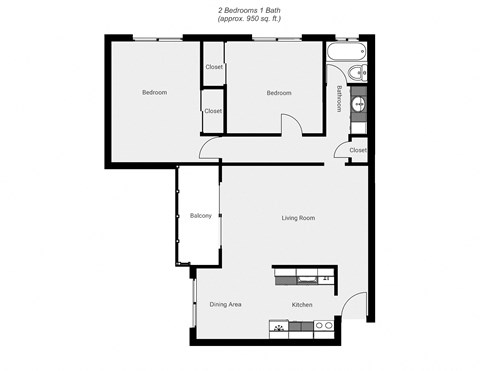 Floor plan for 2 beds, 1 bath, 900 sqft