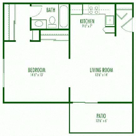 Floor plan for studio, 1 bath, 588 sqft