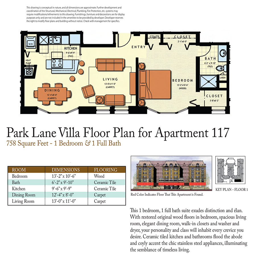 Floor plan for 1 bed, 1 bath, 852 sqft