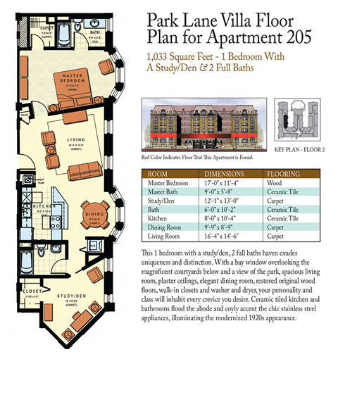 Floor plan for 1 bed, 2 baths, 1033 sqft