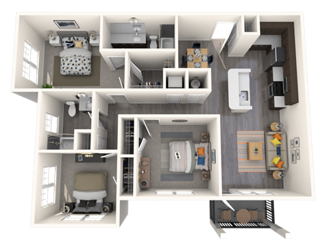 Floor plan for 3 beds, 2 baths, 1283 sqft