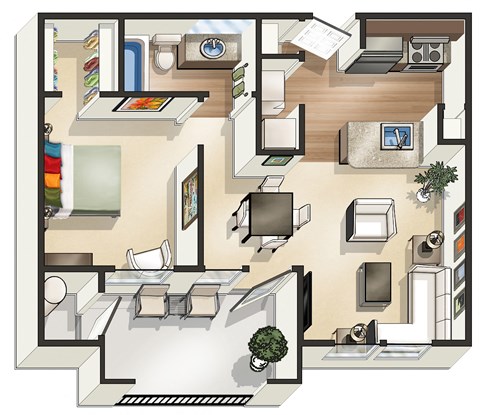 Floor plan for 1 bed, 1 bath, 629 sqft