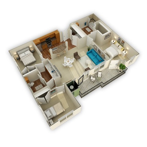 Floor plan for 3 beds, 2 baths, 1328 sqft