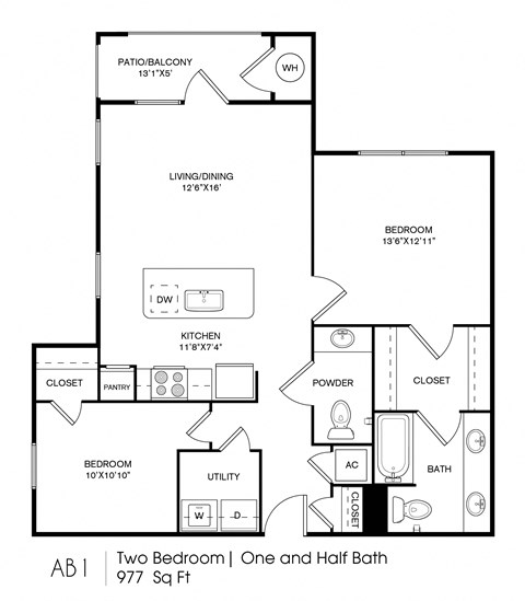 Floor plan for 2 beds, 2 baths, 977 sqft