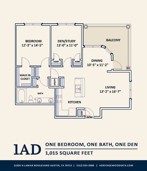 Floor plan for 2 beds, 1 bath, 1015 sqft