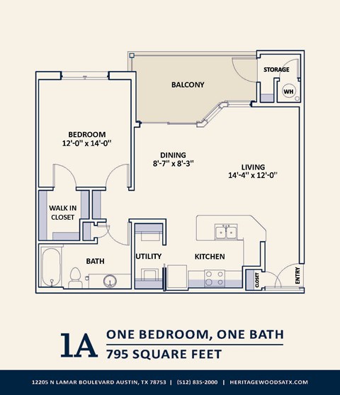 Floor plan for 1 bed, 1 bath, 795 sqft
