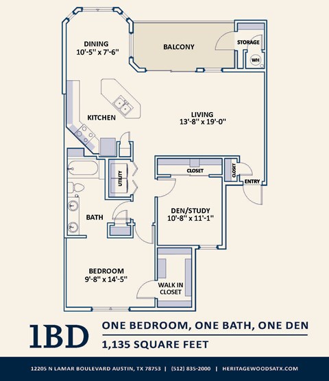 Floor plan for 2 beds, 1 bath, 1135 sqft