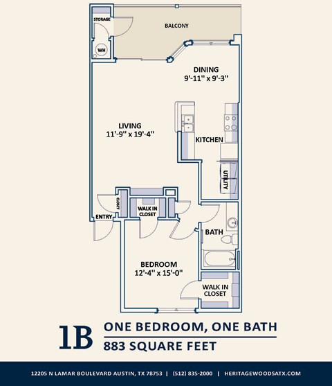 Floor plan for 1 bed, 1 bath, 883 sqft