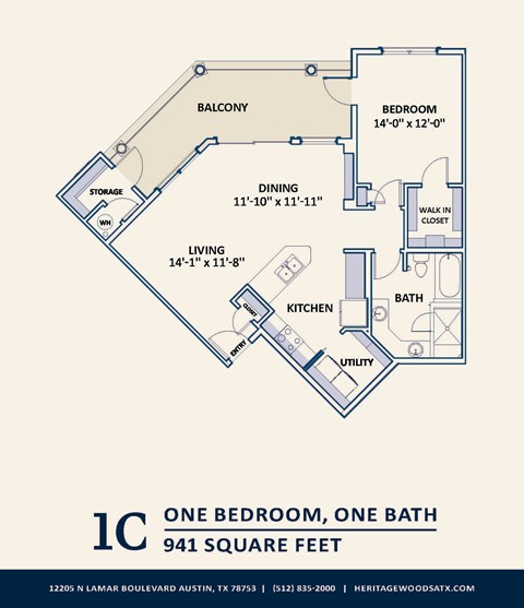Floor plan for 1 bed, 1 bath, 941 sqft