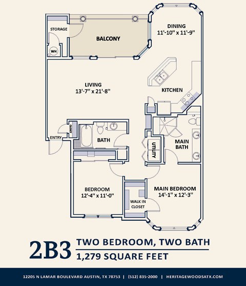 Floor plan for 2 beds, 2 baths, 1279 sqft