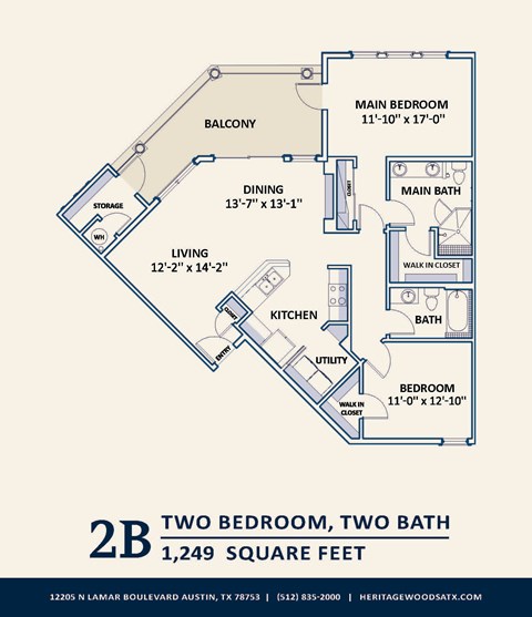 Floor plan for 2 beds, 2 baths, 1249 sqft