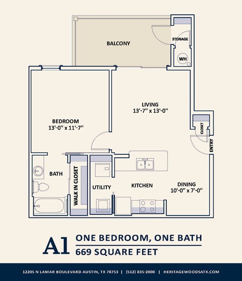 Floor plan for 1 bed, 1 bath, 669 sqft