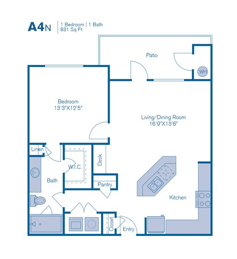 Floor plan for 1 bed, 1 bath, 831 sqft