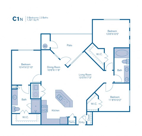 Floor plan for 3 beds, 2 baths, 1321 sqft