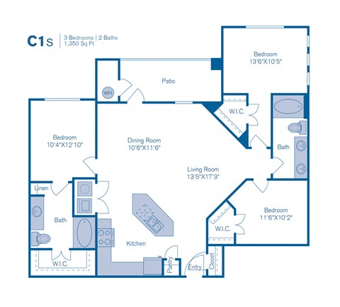 Floor plan for 3 beds, 2 baths, 1350 sqft