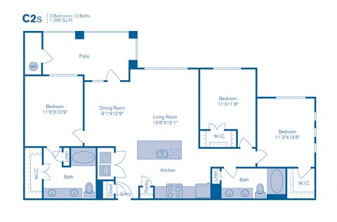 Floor plan for 3 beds, 2 baths, 1388 sqft