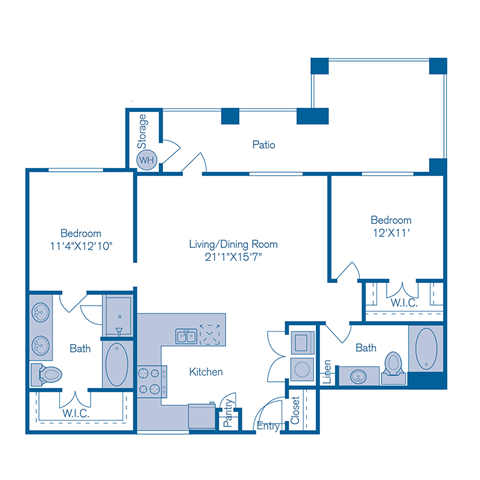 Floor plan for 2 beds, 2 baths, 1181 sqft