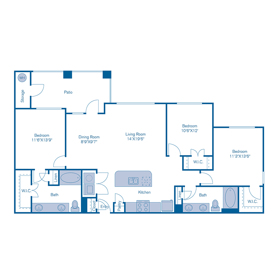 Floor plan for 3 beds, 2 baths, 1388 sqft