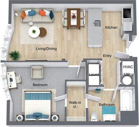 Floor plan for 1 bed, 1 bath, 922 sqft