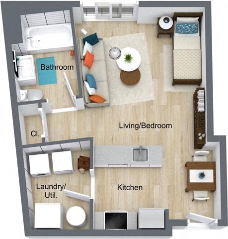 Floor plan for studio, 1 bath, 478 sqft