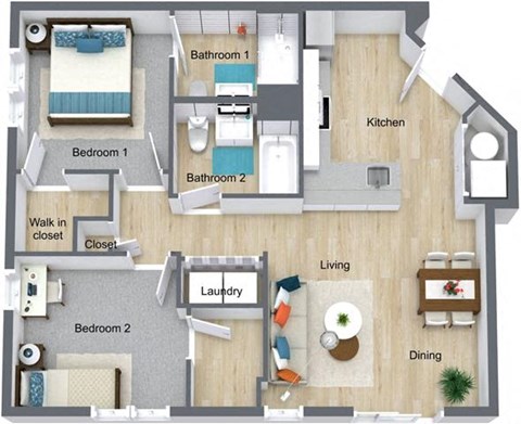 Floor plan for 2 beds, 2 baths, 944 sqft
