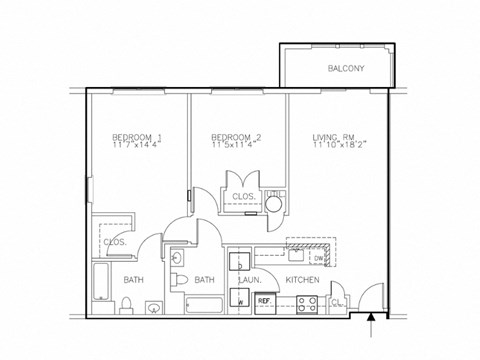 Floor plan for 2 beds, 2 baths, 1015 sqft
