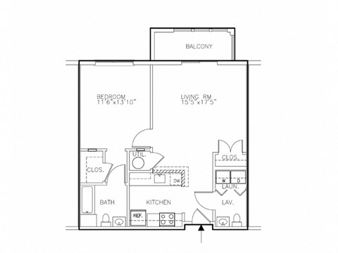Floor plan for 1 bed, 1.5 baths, 772 sqft