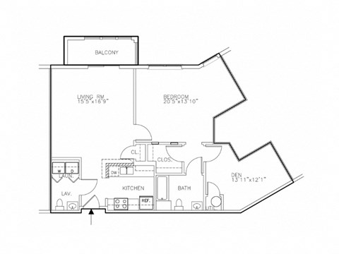 Floor plan for 1 bed, 1.5 baths, 1034 sqft