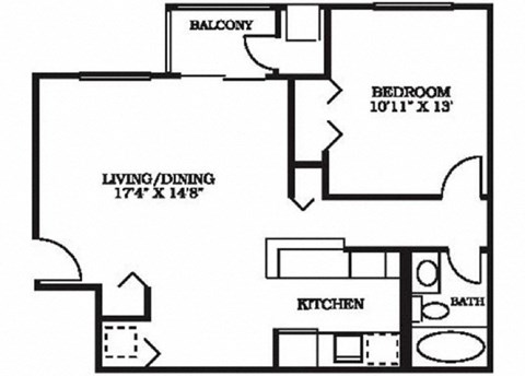 Floor plan for 1 bed, 1 bath, 667 sqft