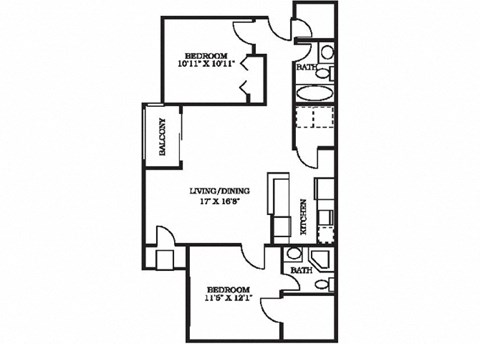 Floor plan for 2 beds, 2 baths, 921 sqft