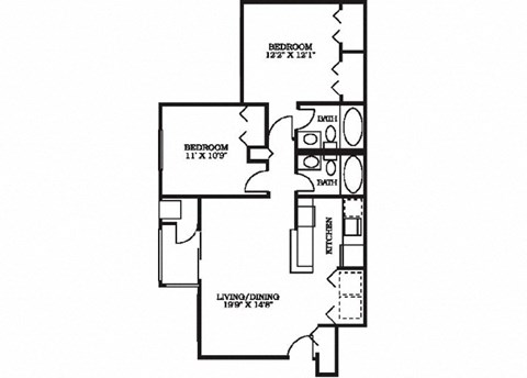 Floor plan for 2 beds, 2 baths, 872 sqft