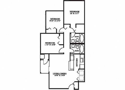 Floor plan for 3 beds, 2 baths, 1030 sqft