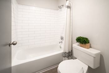 A small bathroom with a toilet and a bath tub