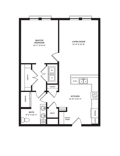 Floor plan for 1 bed, 1 bath, 918 sqft