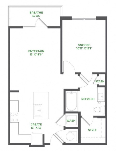 Floor plan for 1 bed, 1 bath, 708 sqft