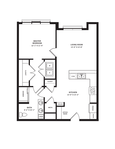 Floor plan for 1 bed, 1 bath, 838 sqft