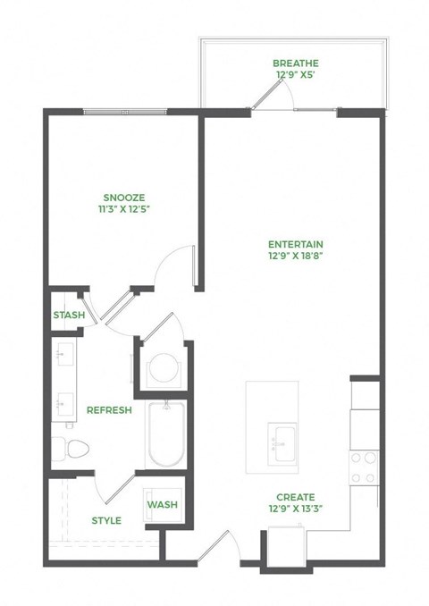 Floor plan for 1 bed, 1 bath, 770 sqft