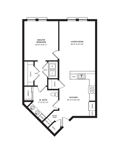 Floor plan for 1 bed, 1 bath, 947 sqft