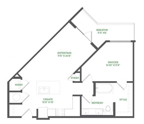 Floor plan for 1 bed, 1 bath, 735 sqft